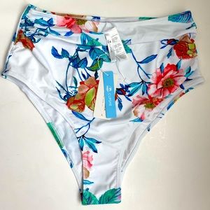 CupShe Bikini Bottom High Waist White Floral Cheeky Size L NWT